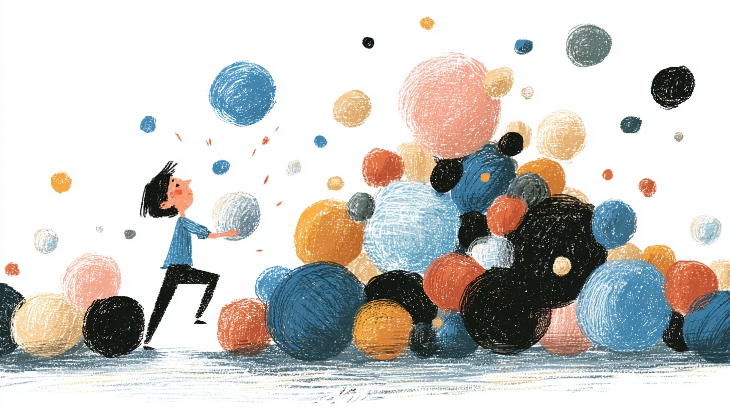 llustration of a person juggling or carrying many large colourful balls as more pile up around them.