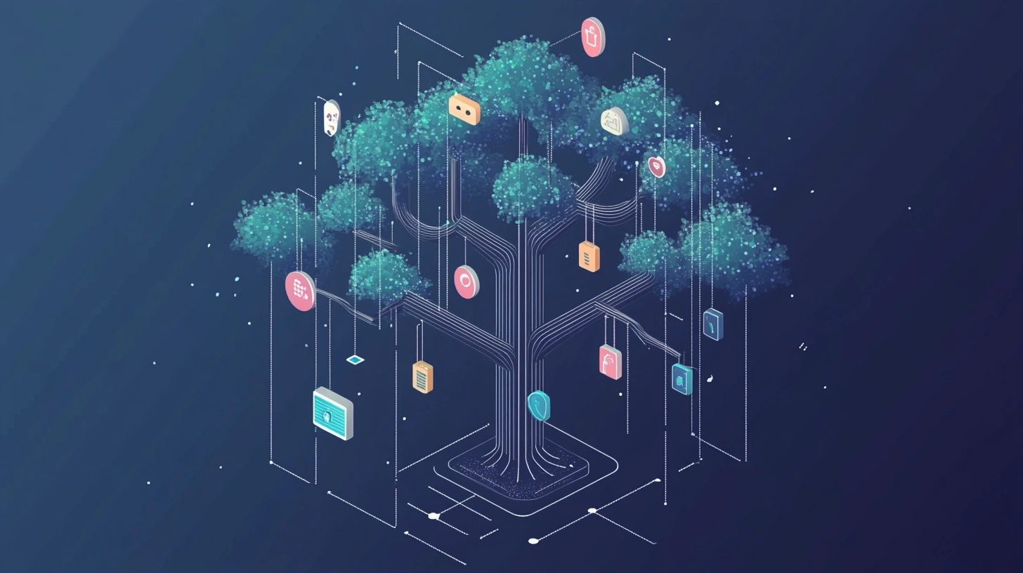 Digital tree structure representing data growth and connections, with icons hanging from networked branches.