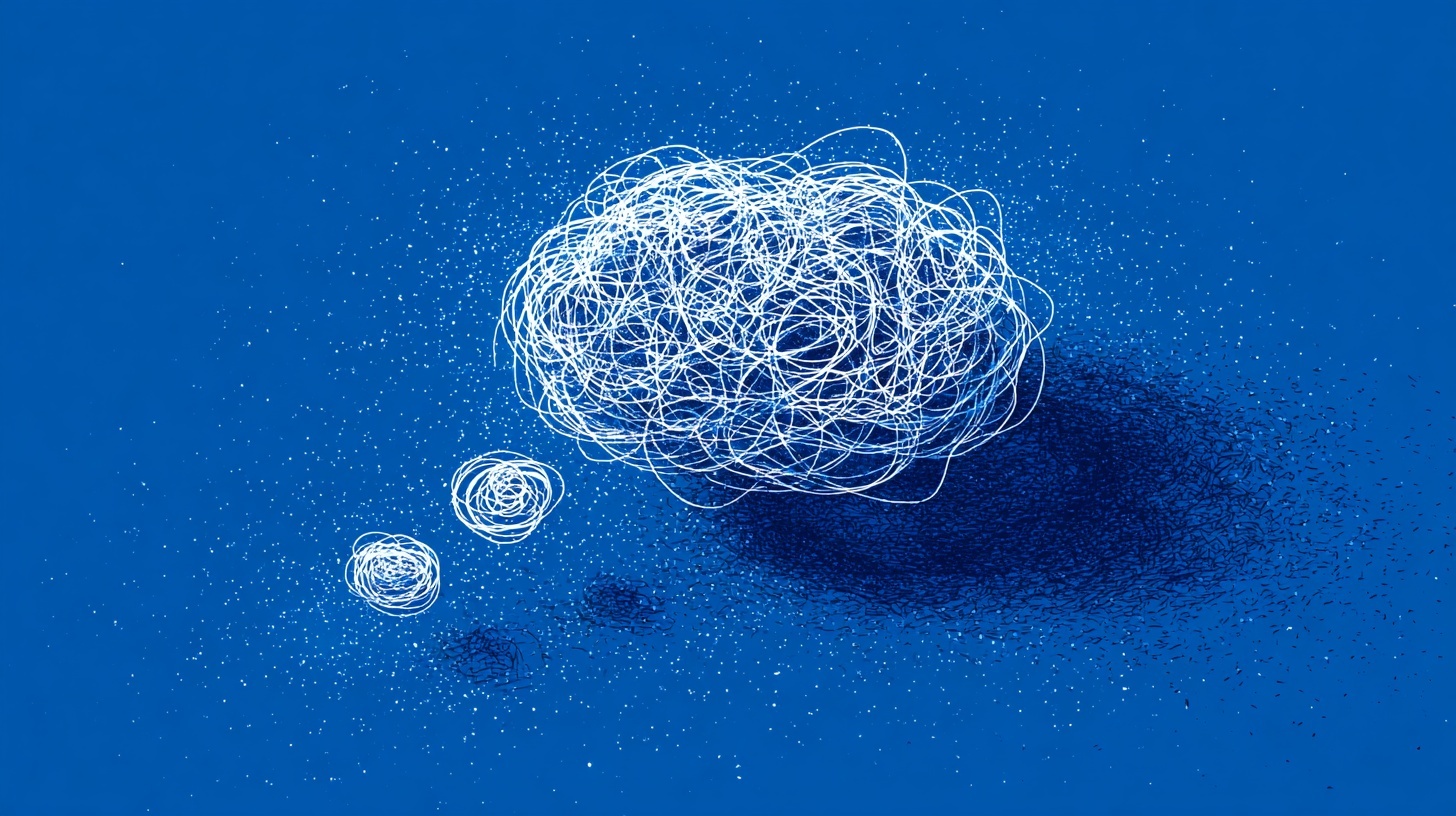 A thought bubble made of tangled white scribbles on a blue textured background, representing complex or chaotic thinking.