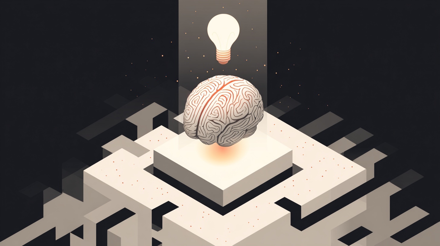A stylized digital illustration of a glowing brain suspended above a geometric white platform, with a lightbulb floating above it to symbolize ideas and insight. The background is dark and abstract, with angular blocks extending outward, suggesting technology, systems, or interconnected thinking. The overall mood evokes innovation, intelligence, and structured creativity.
