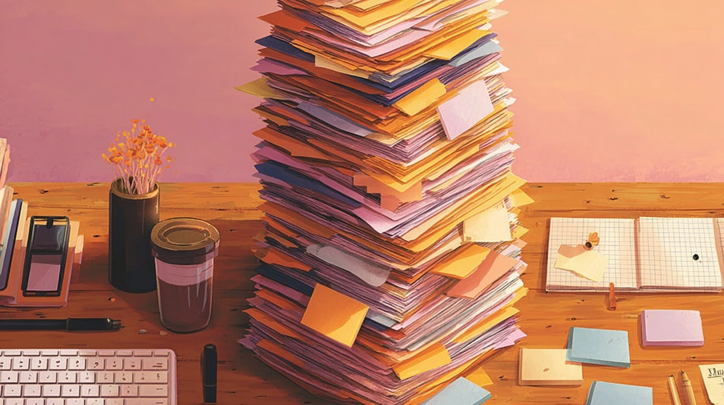 An illustrated desk overwhelmed by a precarious tower of colourful documents and folders, with a coffee cup, notebook, and keyboard visible beneath the chaos, representing accumulated backlog and organisational overload.