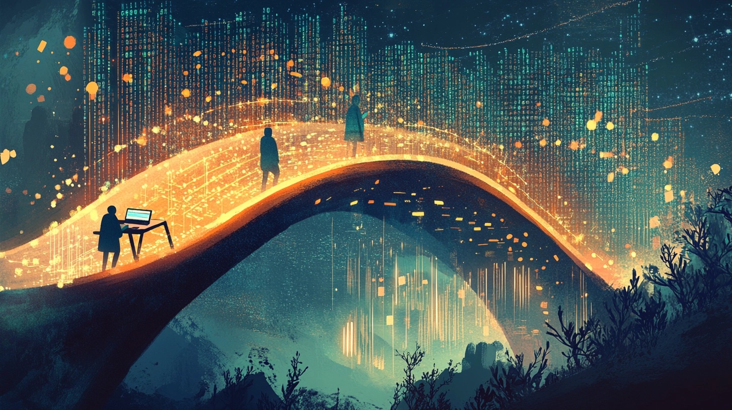 A glowing data bridge with silhouetted figures, connecting a designer at a laptop to a city of code under a starry sky.
