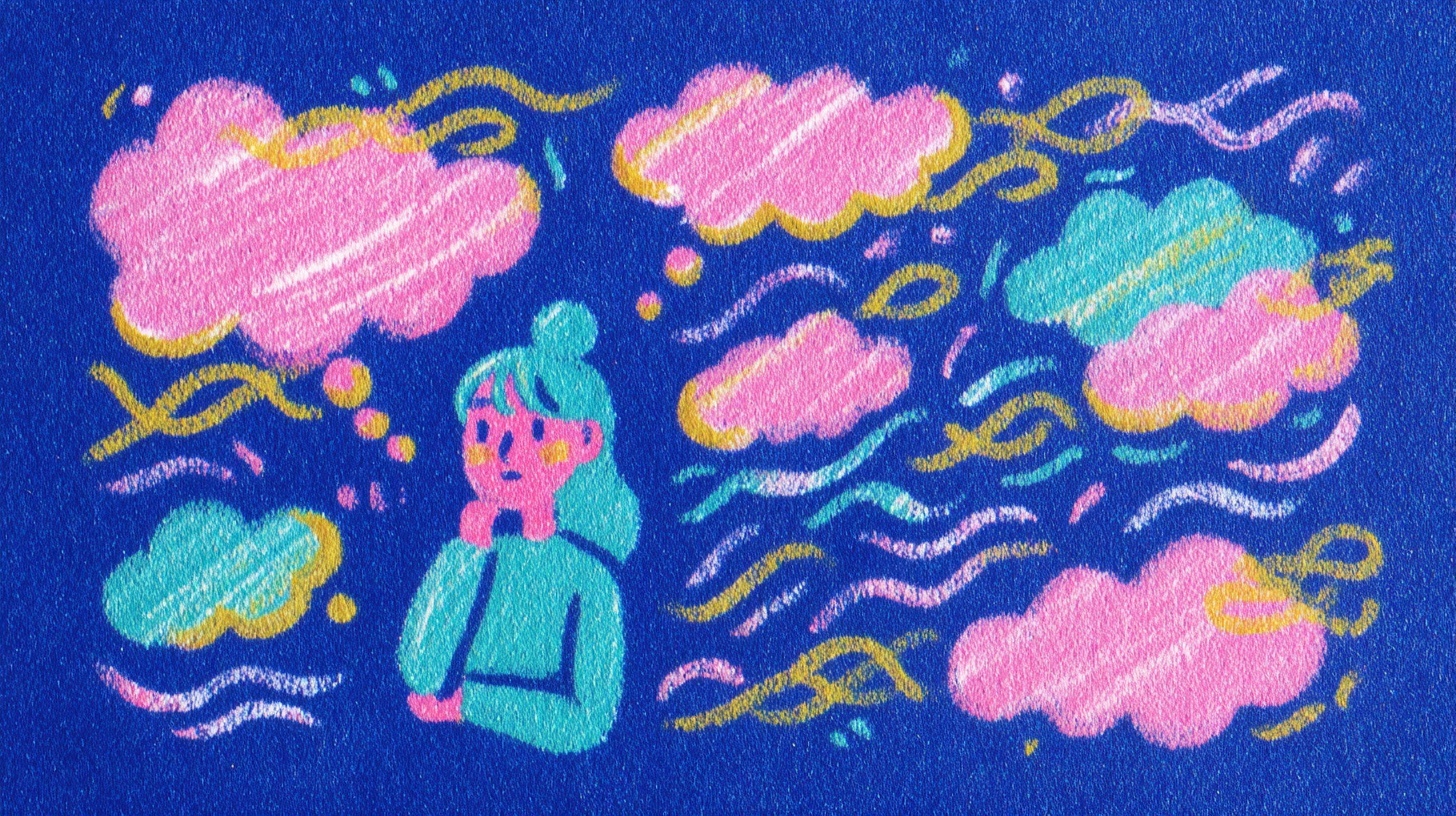 An illustration of a small figure with teal hair standing pensively, surrounded by an overwhelming array of thought clouds in pink and teal against a cobalt blue background. Golden ribbon-like swirls and wavy lines weave between the clouds, suggesting a busy or anxious mind full of competing thoughts.