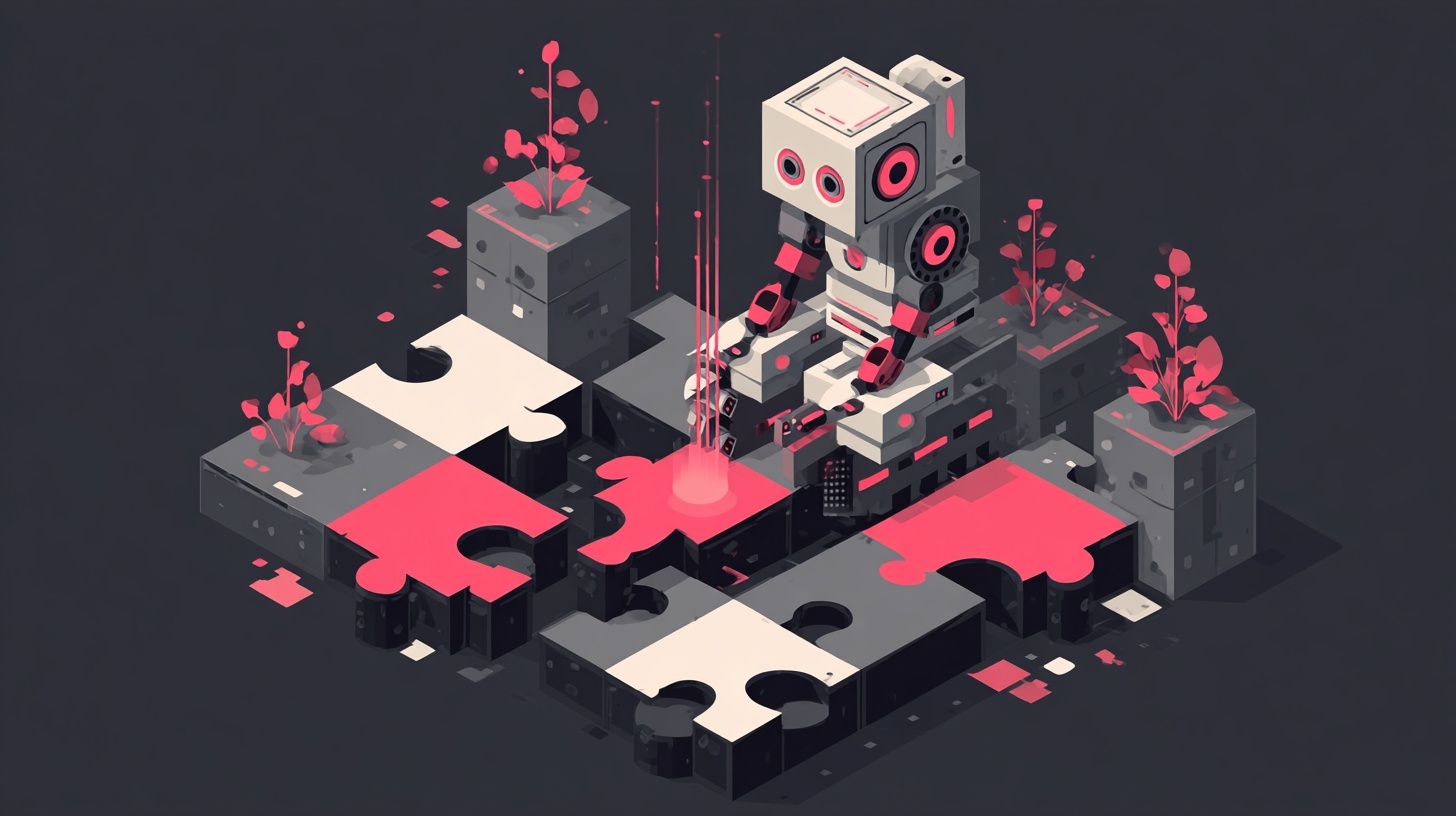 Stylised robot assembling mismatched puzzle pieces on a dark background, symbolising AI attempting to piece together incomplete or inconsistent systems.