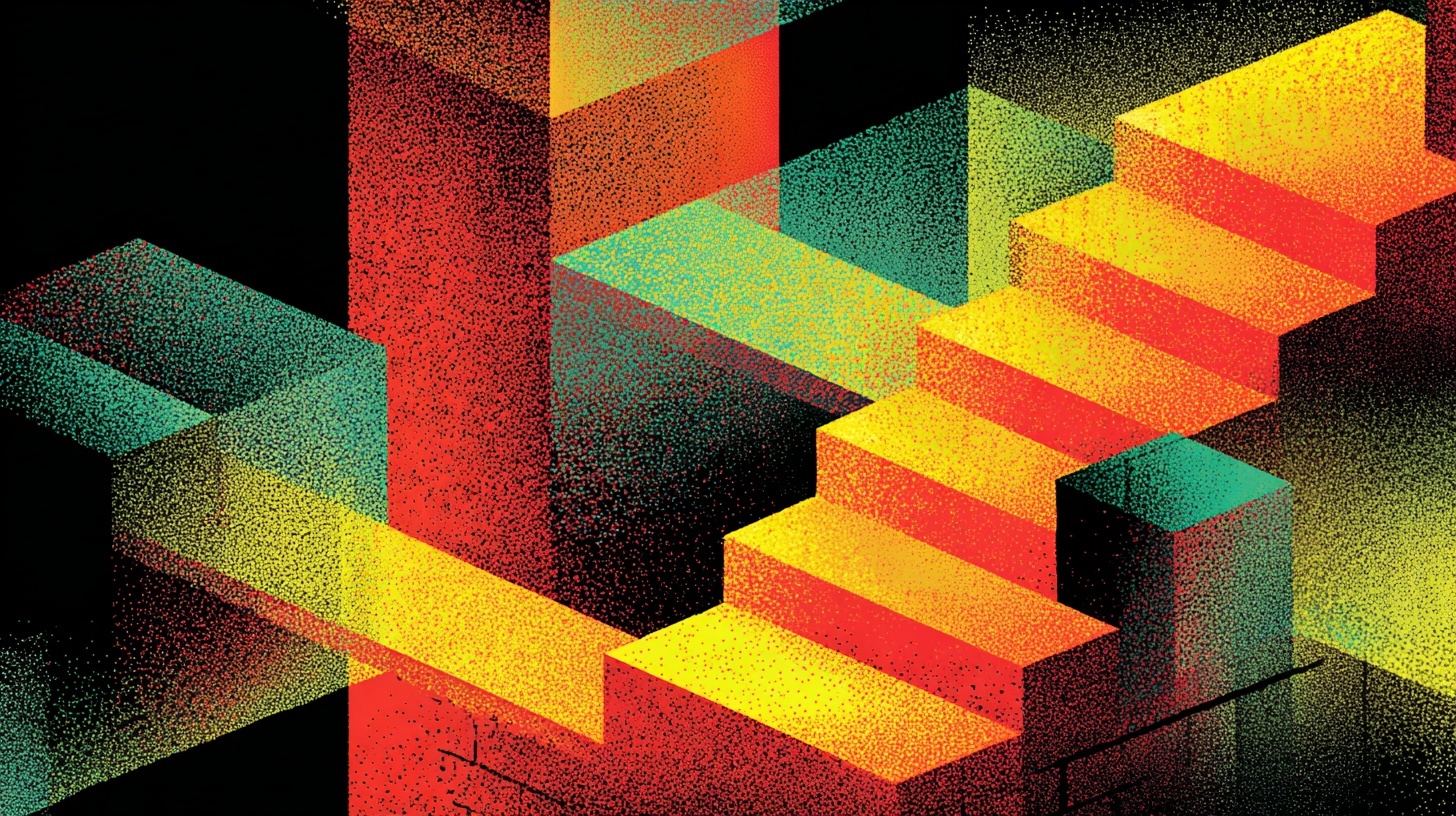 Illustration of colorful geometric blocks with a staircase ascending diagonally across the scene against a black background.