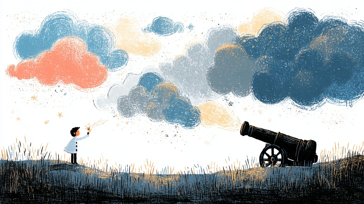 Illustration of a person holding a sparkler while a cannon fires colourful clouds into the sky.