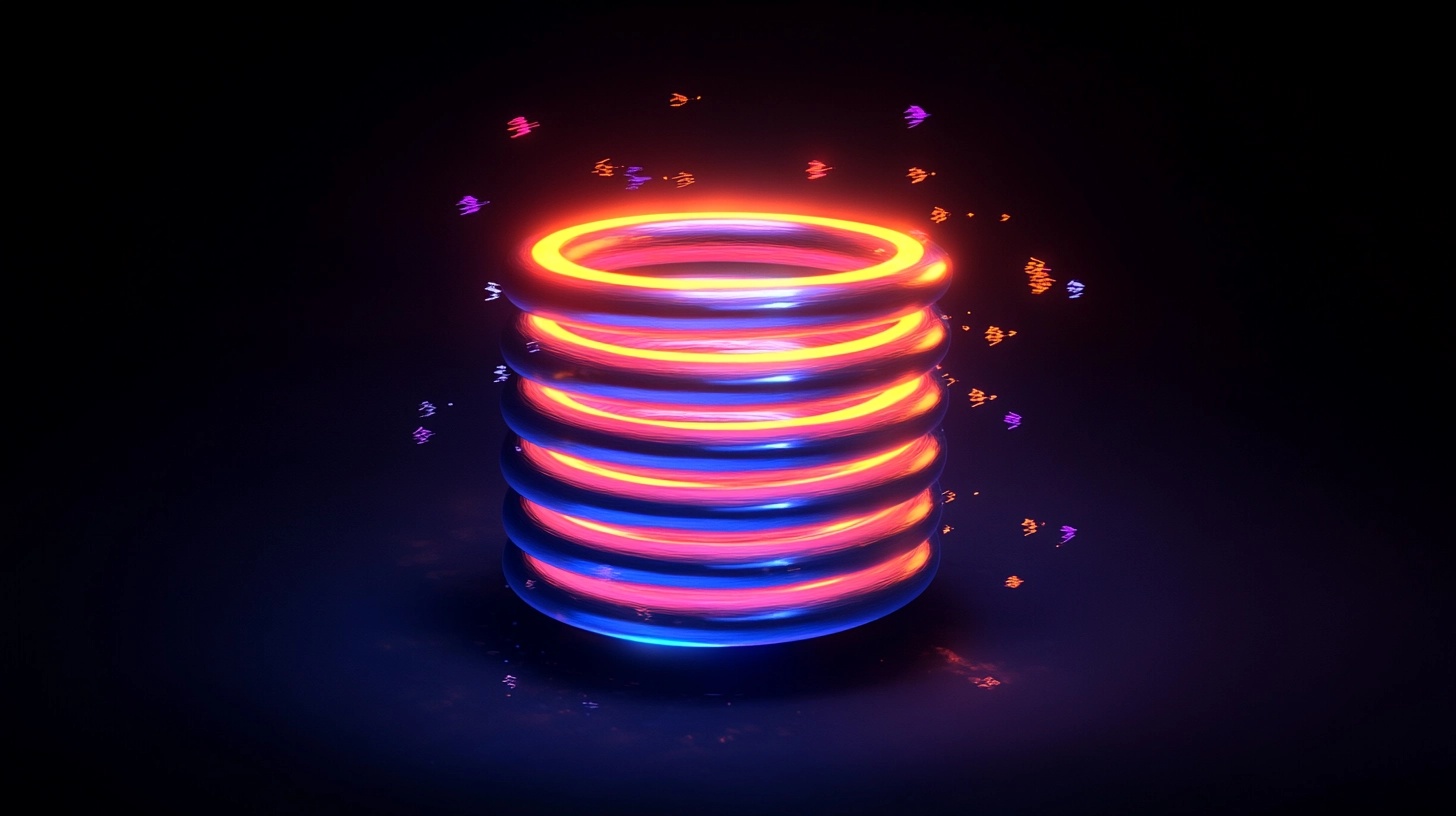 Glowing neon spring with stacked loops, surrounded by small floating particles in a dark futuristic setting.