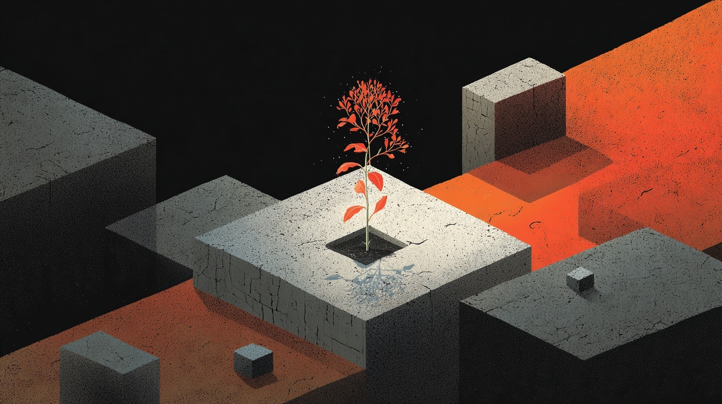 A single red-orange plant grows out of a small square hole in a large gray concrete block, surrounded by other cracked blocks in shades of gray and orange. The background fades into black, emphasizing the fragile plant as a symbol of life and growth amid a harsh, barren environment.
