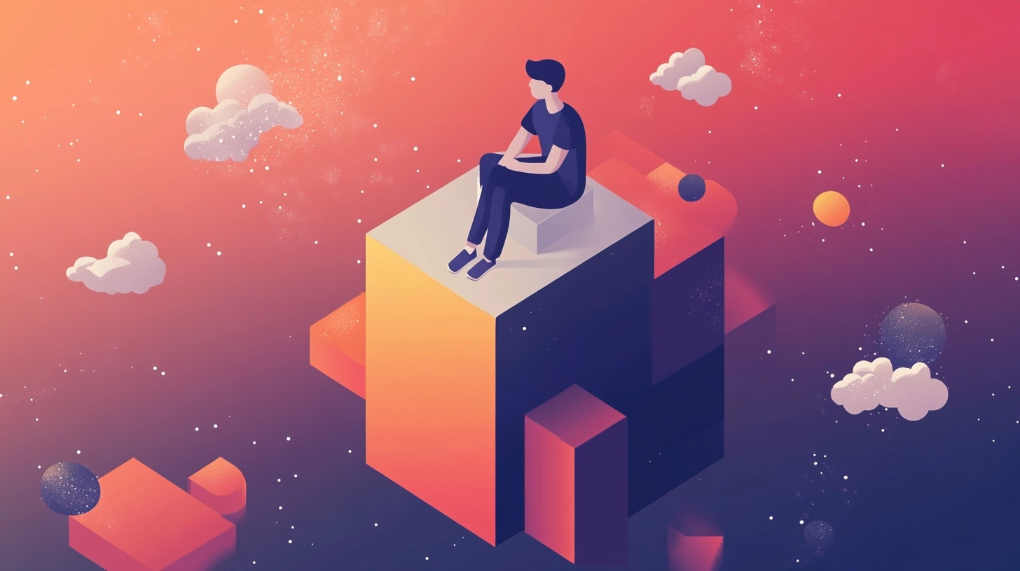 A 3D illustration of a person sitting on a floating cube in a dreamy, cosmic environment. The figure is dressed in a dark shirt and pants, with a cap, and is positioned on top of a large yellow and orange block. Surrounding the person are abstract geometric shapes, floating planets, and clouds in a space-like setting. The background features a gradient of warm colors transitioning from pink to purple, with stars scattered throughout, creating a tranquil, surreal atmosphere.