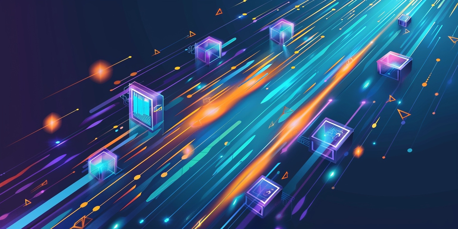 Dynamic digital illustration of glowing data blocks and interface panels moving rapidly along bright, converging light trails — representing accelerated flow, information velocity, and clarity emerging from organised motion.