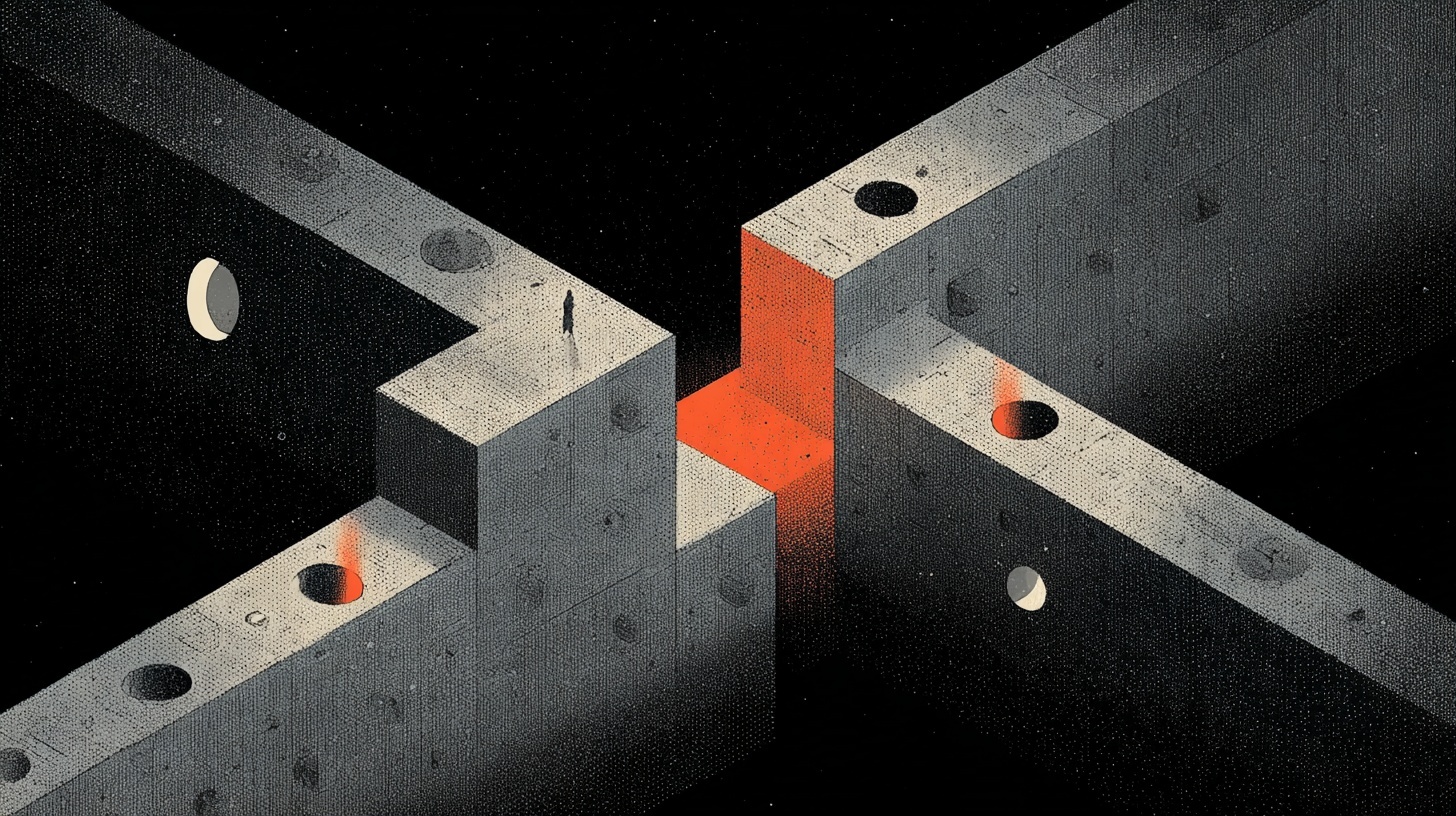 A small figure stands on a tall, gray concrete structure divided by a glowing orange chasm. The geometric walls, filled with circular holes, stretch into darkness, creating a surreal, maze-like environment. The contrast between the stark concrete, deep black background, and vibrant orange light evokes a sense of isolation and contemplation.