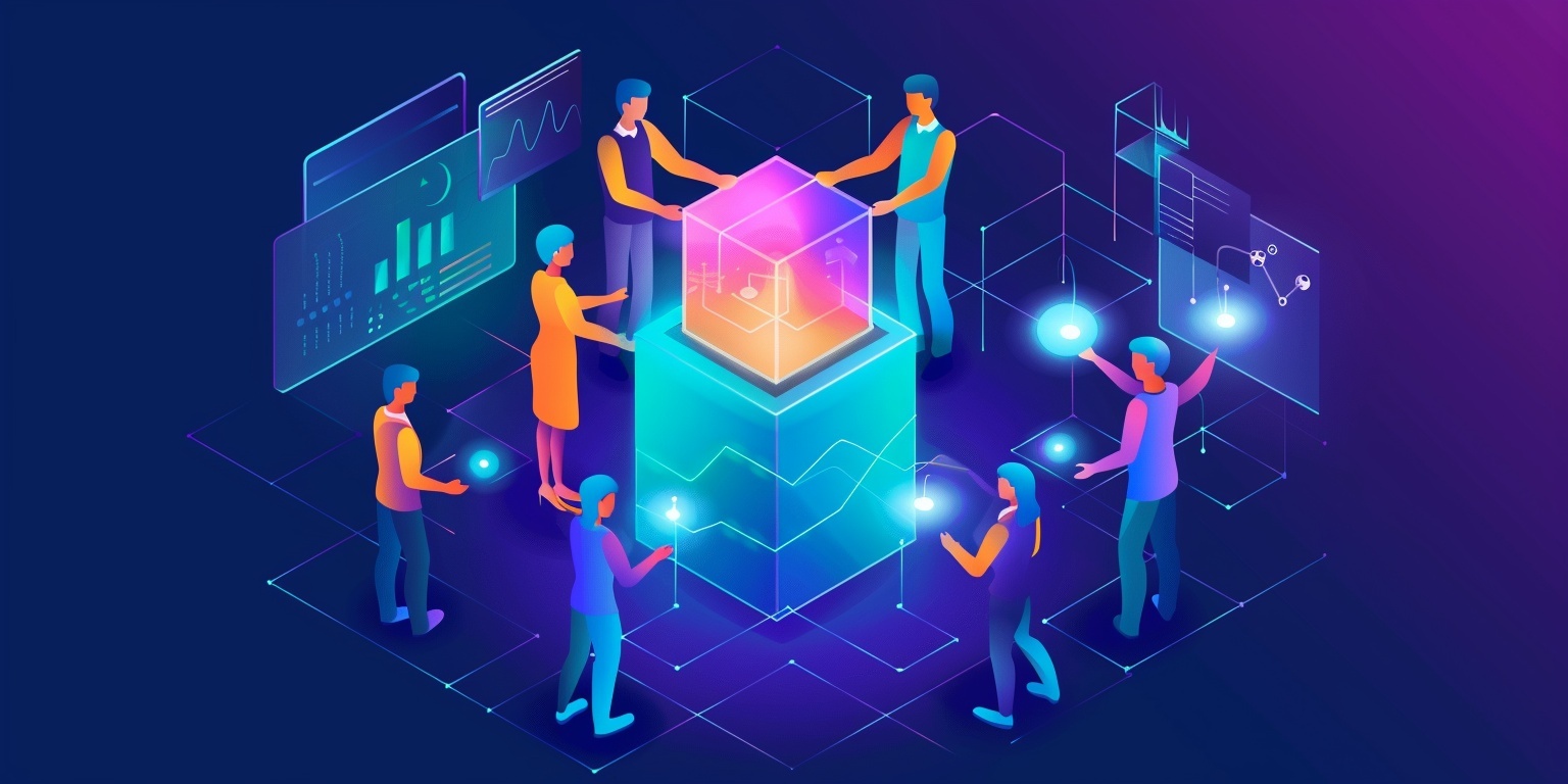 Isometric illustration of diverse people collaborating around a glowing transparent cube on a digital pedestal, surrounded by floating charts and data interfaces — symbolising collective understanding, shared systems, and clarity through co-creation