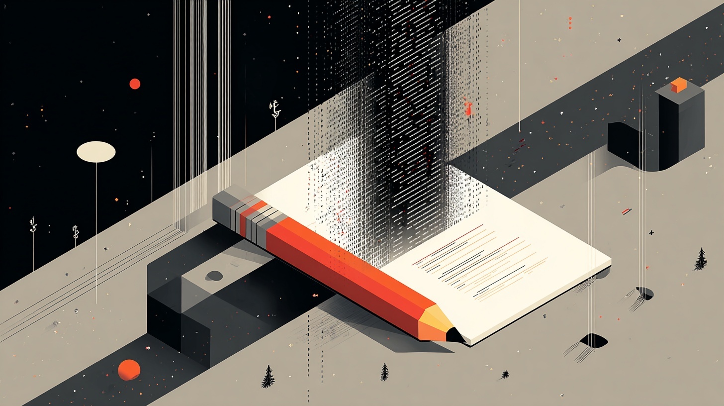 A large red and gray pencil rests diagonally across an open notebook under a cascade of digital-looking rain made of binary code. The minimalist scene blends natural and digital elements—tiny trees and geometric shapes dot the landscape, while streams of data fall from the dark sky—symbolizing the intersection of creativity, technology, and written expression.