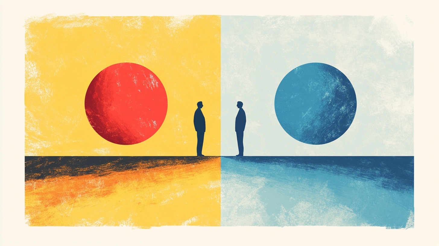 Two silhouetted figures face each other across a split background of warm yellow and cool blue tones.