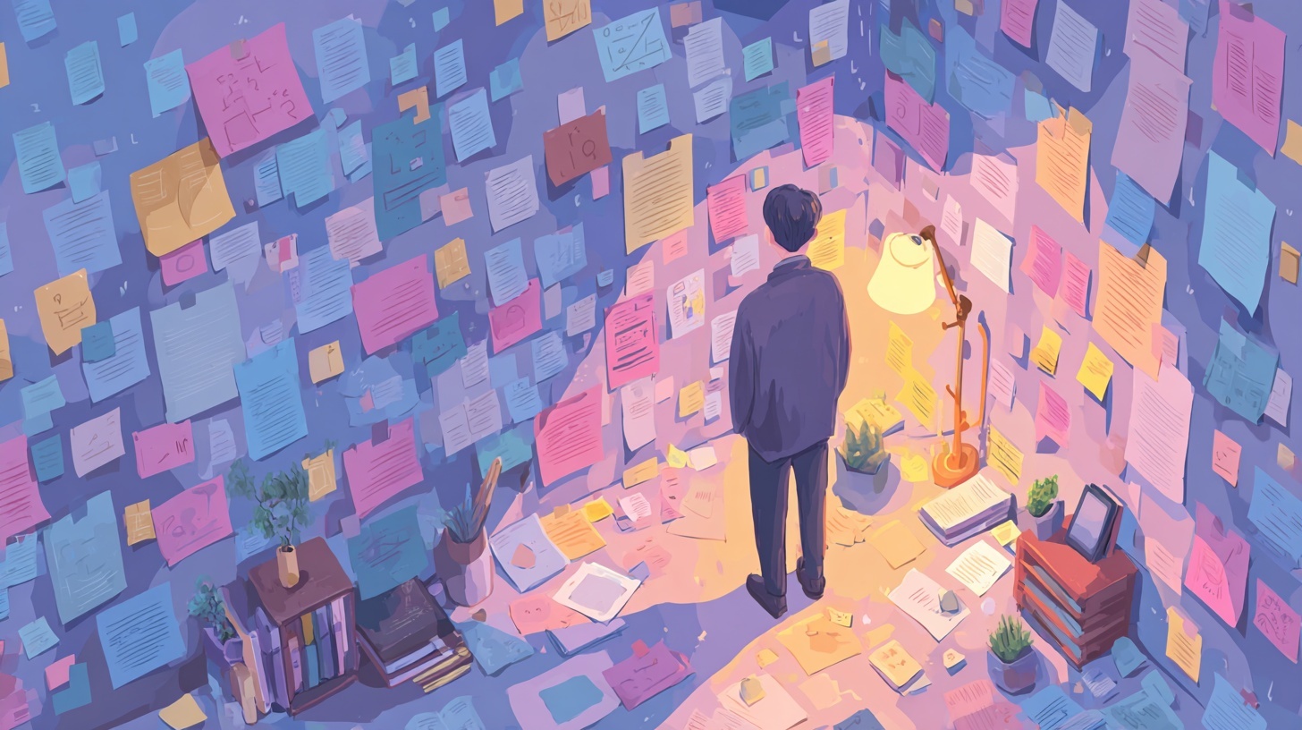 A pastel-coloured digital illustration in isometric style depicting a person standing in a corner room surrounded by hundreds of notes and papers covering the walls and floor. A warm desk lamp illuminates the immediate area, highlighting a small workspace with books, a tablet, plants, and a notepad. The scene evokes deep focus, information overload, or the intensity of research and ideation.
