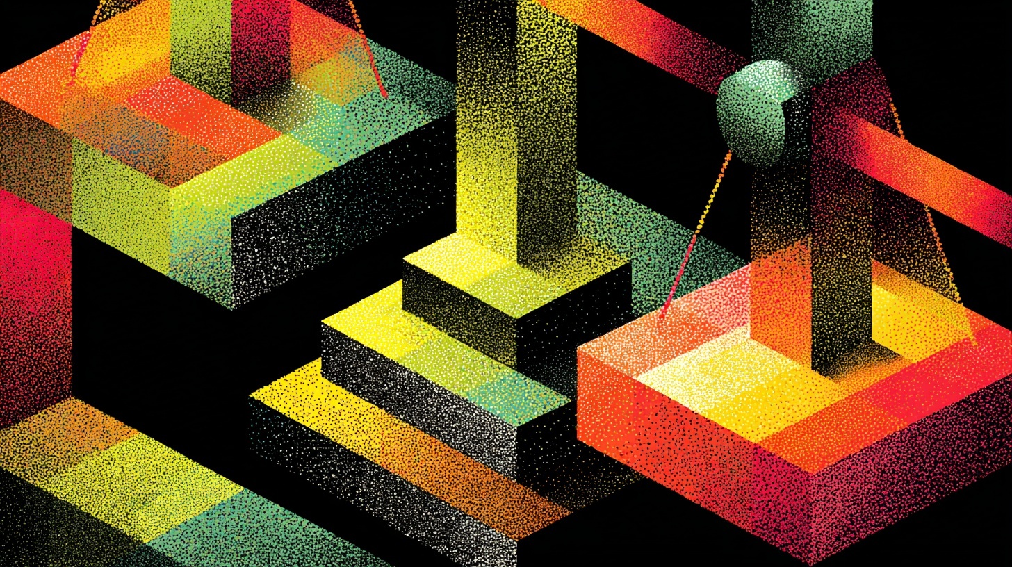 Illustration of colorful geometric platforms, pillars, and suspended structures resembling an abstract architectural scene against a black background.