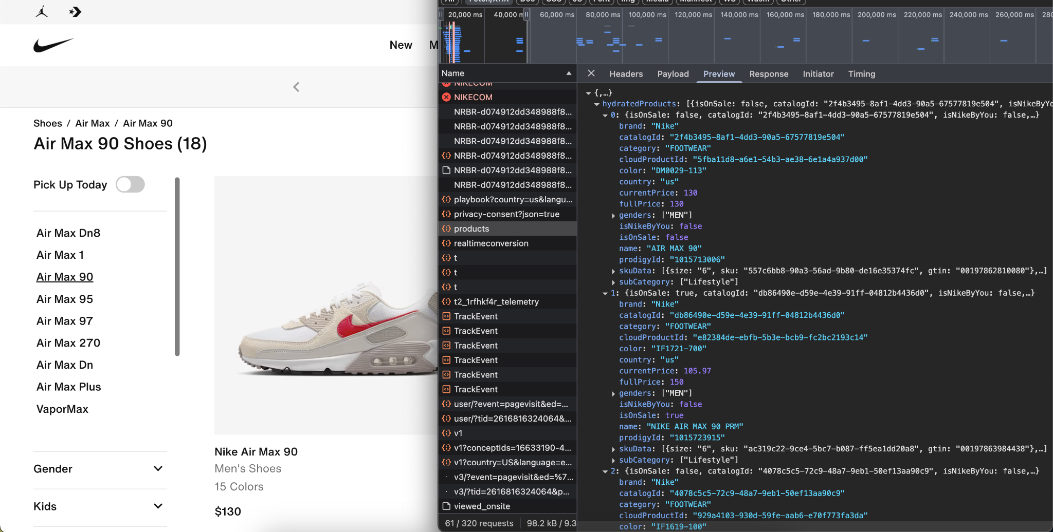 Developer tools displaying JSON product data alongside the Nike Air Max 90 product listing on a website.
