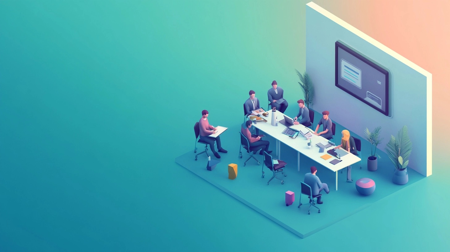 A 3D illustration of a small team working around a table in a bright, modern office space. The team consists of five people: four are seated at the table, and one is standing. The room features colorful plants, office supplies, and furniture in pastel shades of orange, blue, and green. A whiteboard and a wall with graphical elements are visible in the background. The overall scene gives off a creative and collaborative atmosphere.