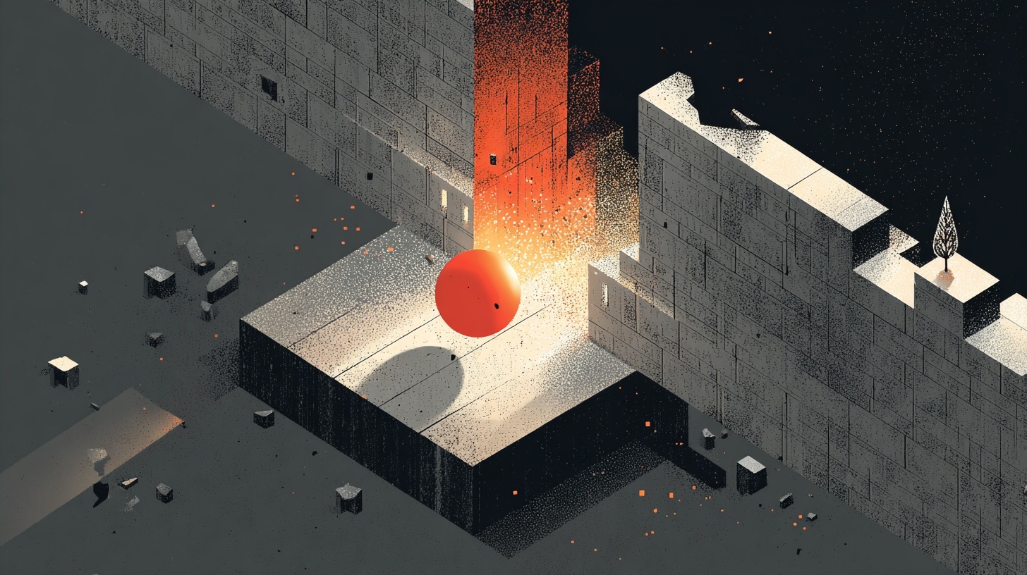 A surreal scene shows a glowing red-orange sphere hovering between two tall gray concrete walls. The sphere emits bright light and particles, casting long shadows on the ground. Small broken blocks are scattered across the dark floor, and a single tree grows from the top of one wall, symbolizing contrast between destruction and growth.