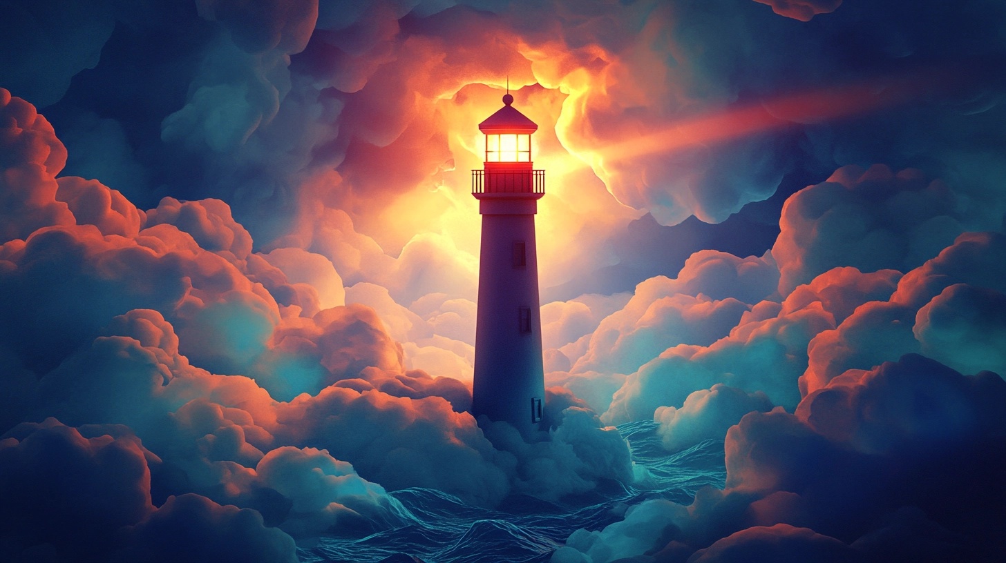Lighthouse shining through dramatic storm clouds over the ocean at sunset, symbolizing hope and guidance.