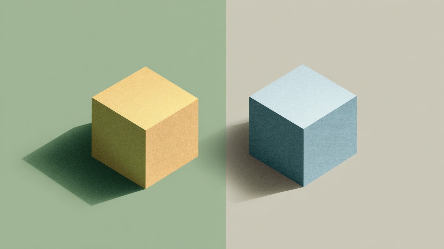 Two identical cubes in different colours on split backgrounds, symbolising visual similarity with different underlying meaning.