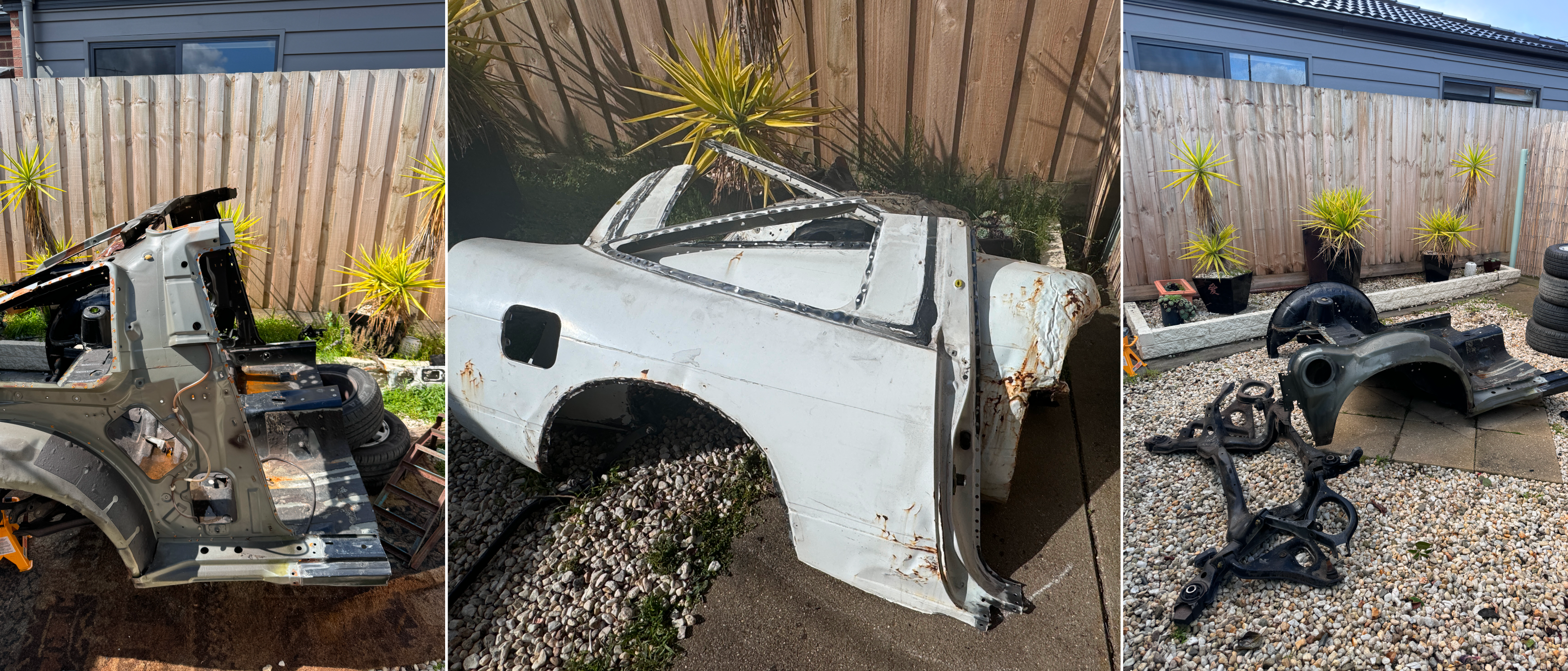 Three images showing disassembled car panels and chassis parts laid out outdoors. Left: an exposed grey metal rear quarter section with visible rust. Centre: a white car shell half with corrosion around the arch, lying on gravel. Right: black subframe and suspension parts beside a cut rear quarter panel and stacked tyres.
