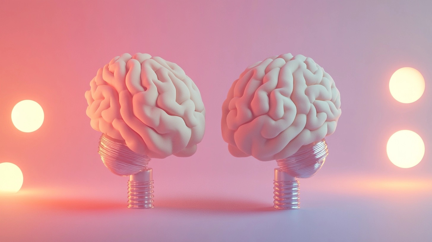 Two light bulbs with brain-shaped tops instead of traditional bulbs, placed on a pink and purple gradient background, illuminated by glowing circular lights on either side, creating a surreal and thought-provoking composition.