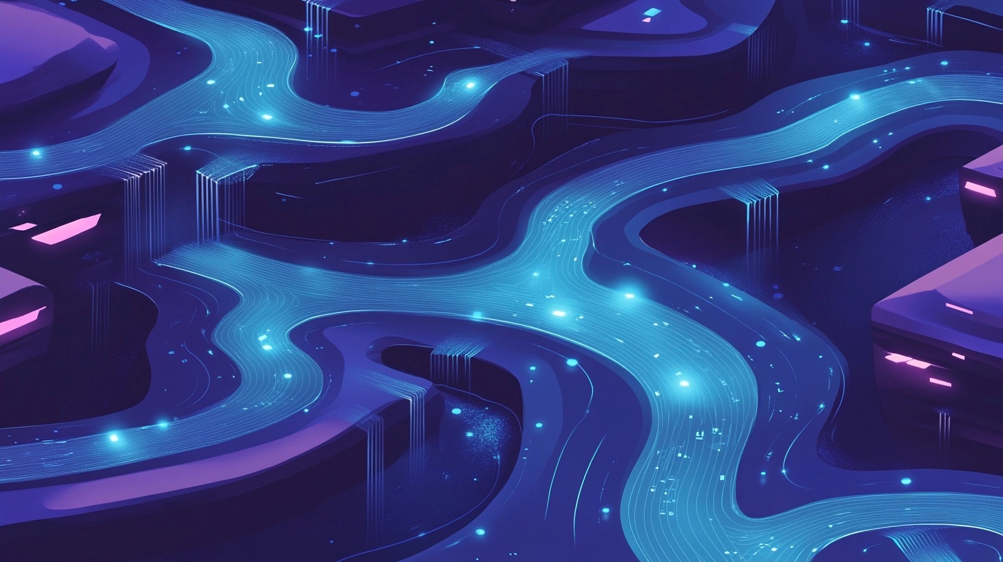 Abstract digital landscape of glowing data streams and futuristic pathways in a dark, neon environment.