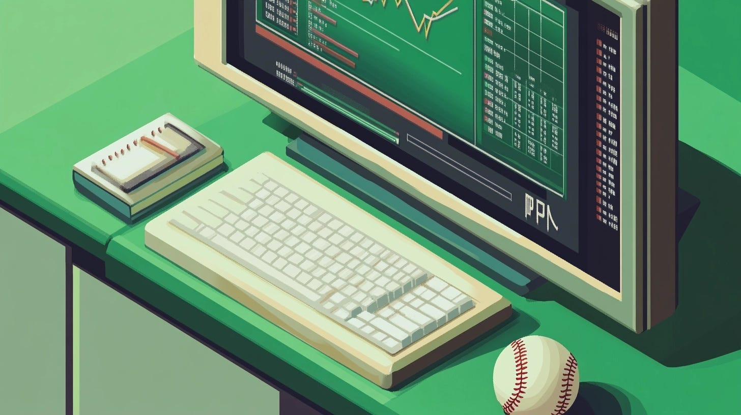Retro-style computer on a green desk displaying baseball stats and charts, with a keyboard, notebook, and baseball nearby.