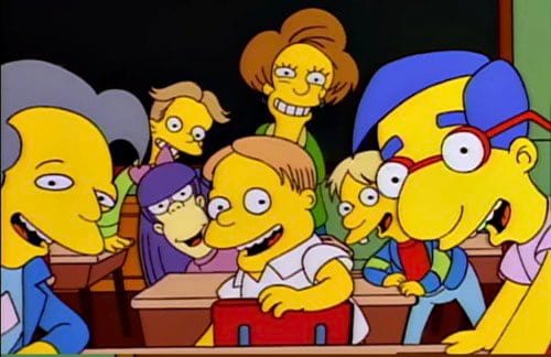 A screenshot from the Simpsons, where Bart Simpson is asked to repeat a popular catchphrase for his classmates.