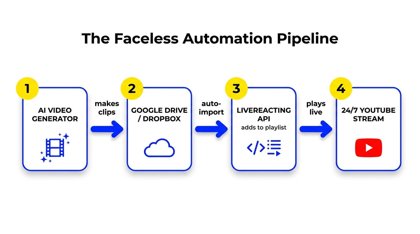 Faceless automation pipeline: AI video generator to Google Drive or Dropbox to LiveReacting API playlist to 24/7 YouTube stream