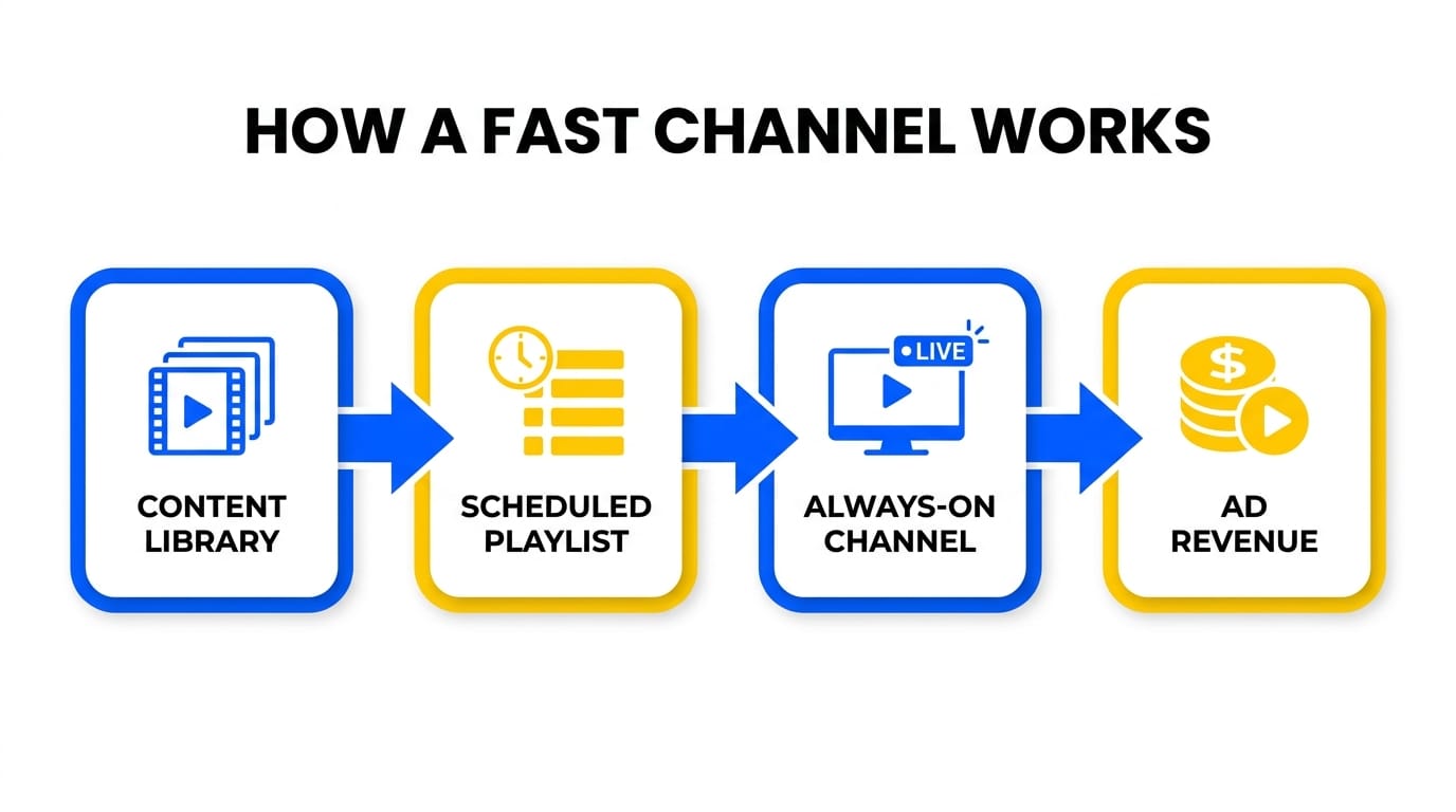 How a FAST channel works: content library, scheduled playlist, always-on channel, ad revenue