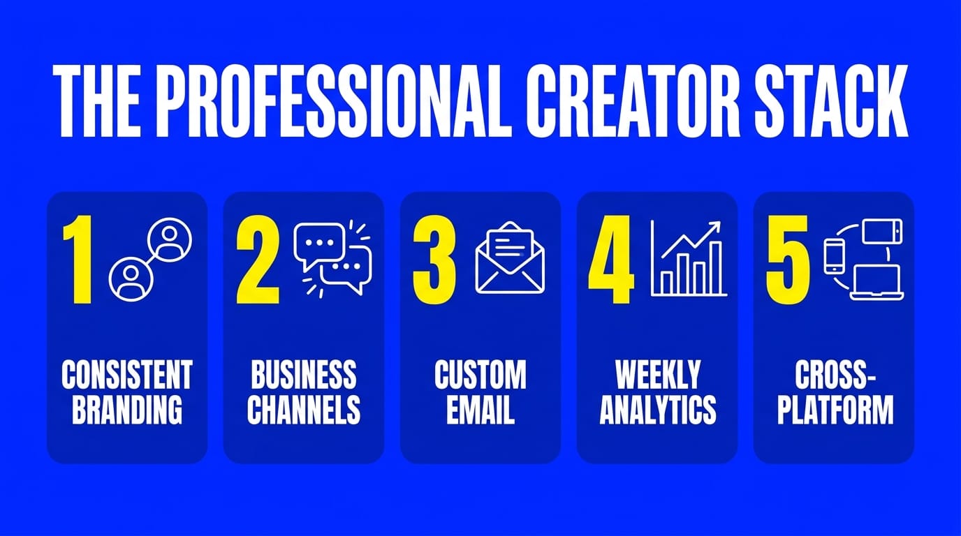 The professional creator stack: consistent branding, business channels, custom email, weekly analytics, cross-platform