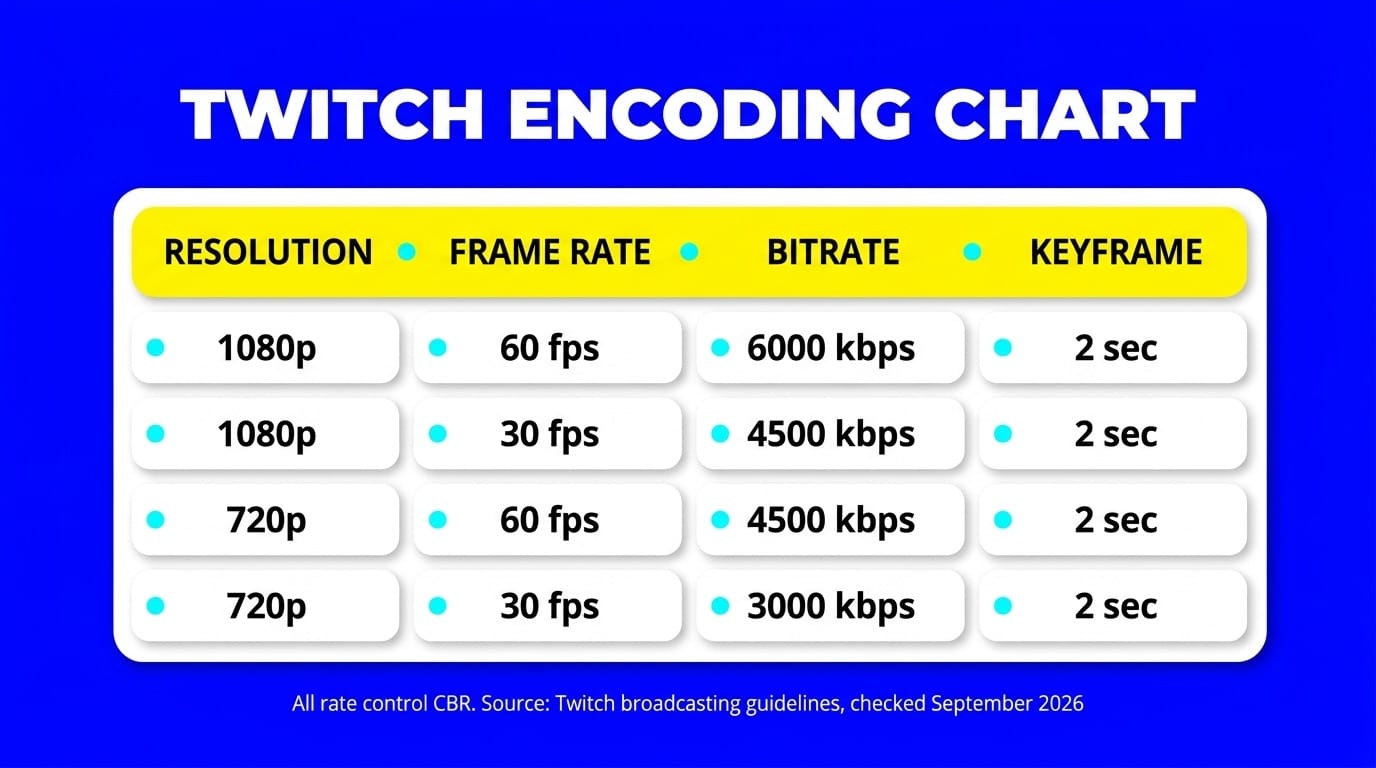 Twitch encoding chart: recommended resolution, frame rate, bitrate and keyframe interval