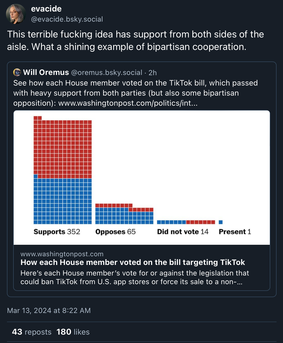 "This terrible fucking idea has support from both sides of the aisle. What a shining example of bipartisan cooperation."