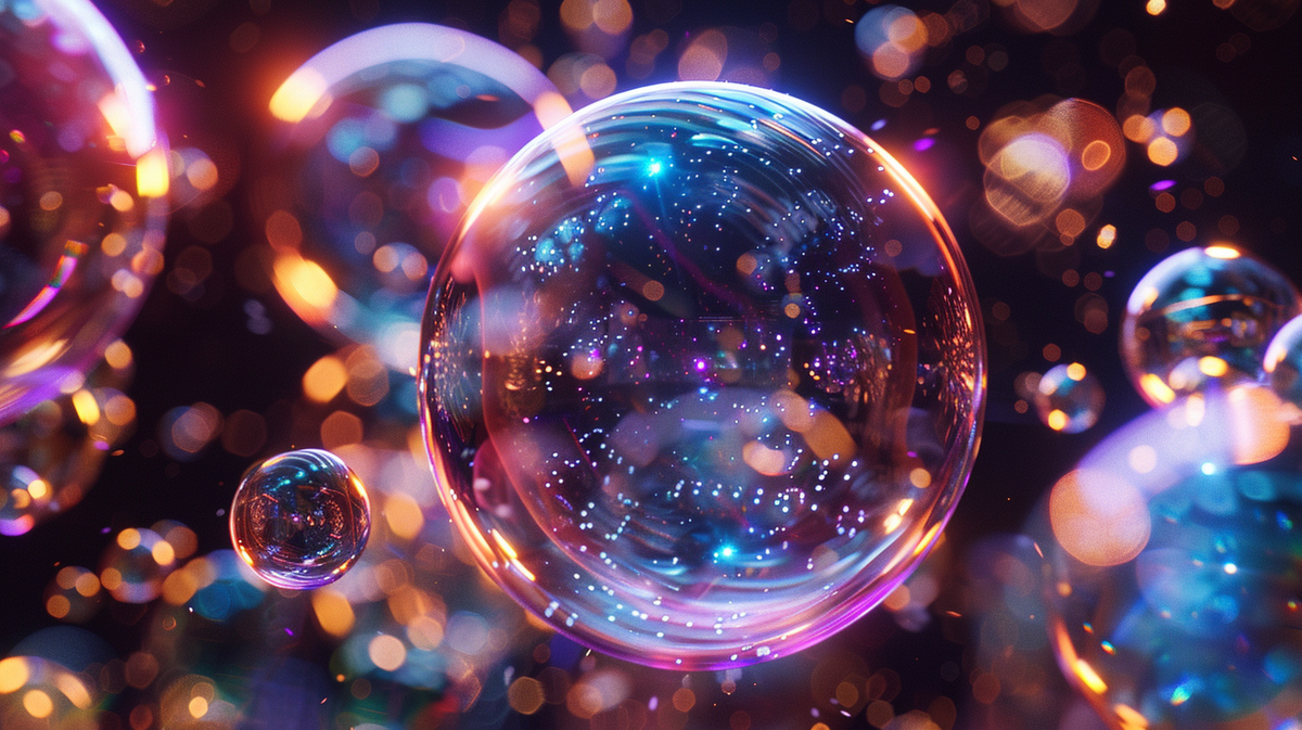 An AI-generated image depicting a collection of soap bubbles set against a surreal iridescent background 