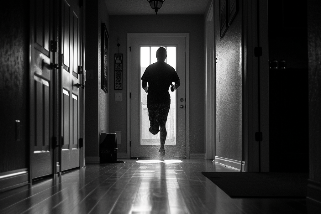 A person running down a hallway toward a door
