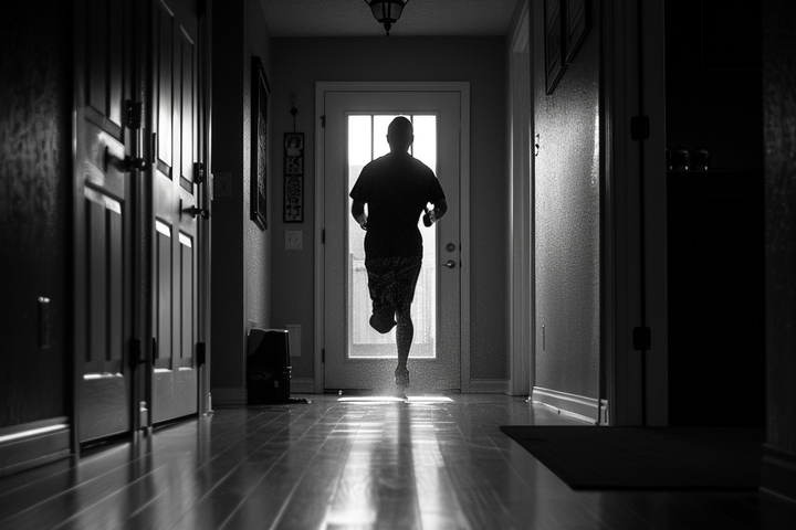 A person running down a hallway toward a door