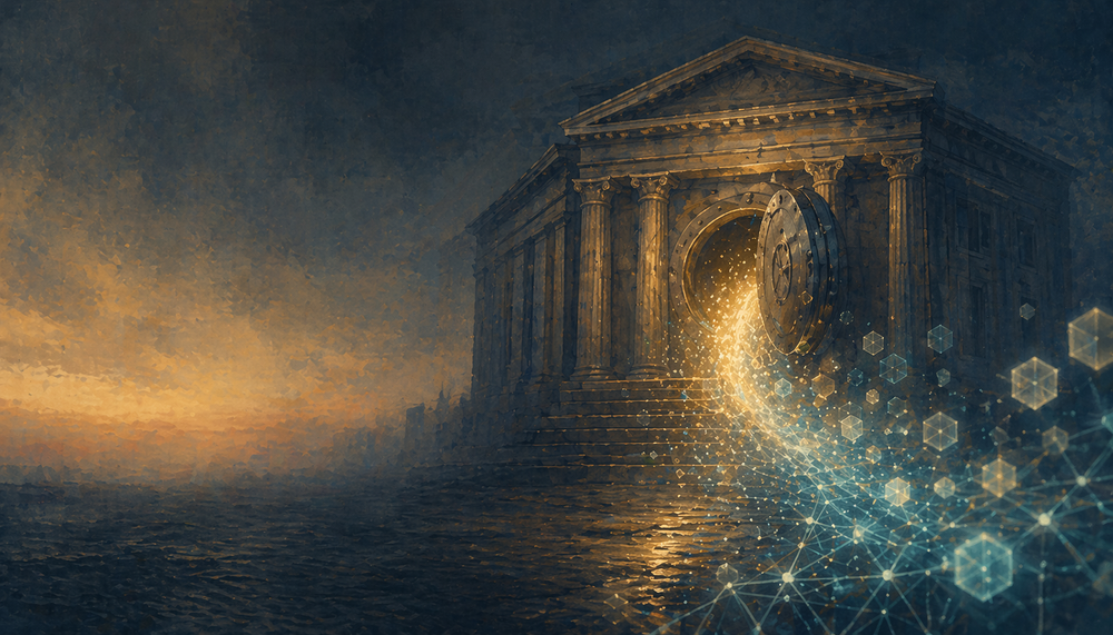 A neoclassical bank building at dusk with a stream of golden-cyan light pouring from its vault door and dissolving into a lattice of glowing hexagonal tokens.