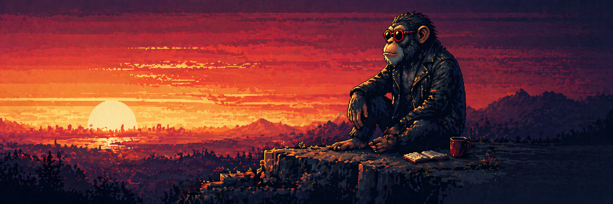 El simio de Simio Rico contempla el atardecer, cuaderno y café a mano. Pixel art.