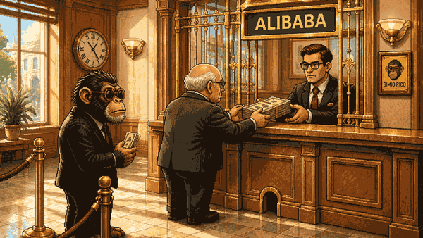 Simio Rico esperando detrás de Charlie Munger en la ventanilla de Alibaba