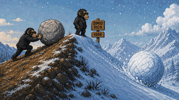 Simio Rico: Chimpancé con traje empuja una piedra cuesta arriba; al otro lado de la cresta, rueda sola como bola de nieve.