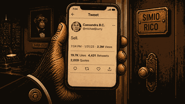 Un smartphone que muestra un tuit que dice "Sell" de Cassandra B.C., el alias de Michael Burry. Al fondo, un despacho con un retrato del mono y la chapa de Simio Rico.