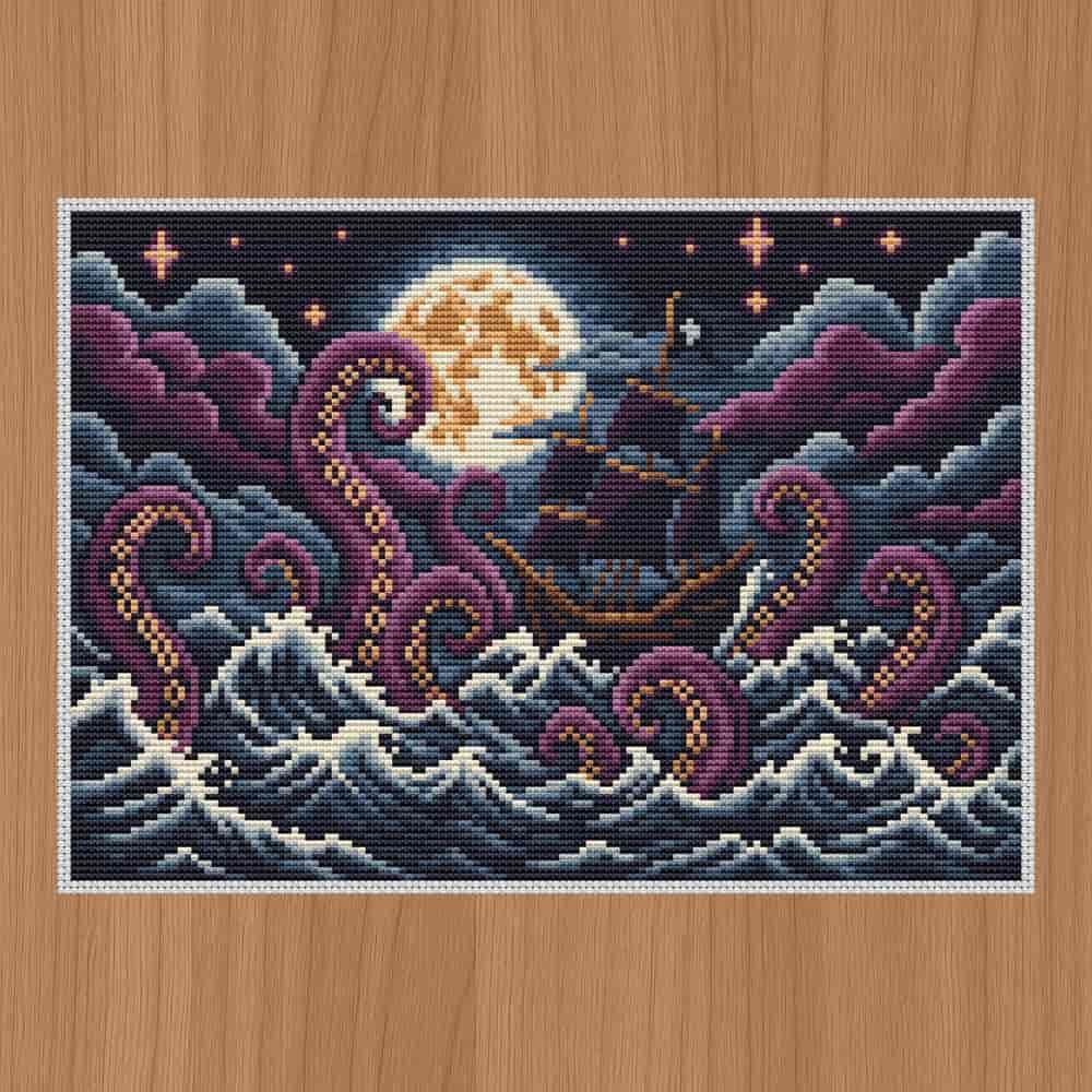 Kraken Attacks a Sailing Ship Cross Stitch Pattern
