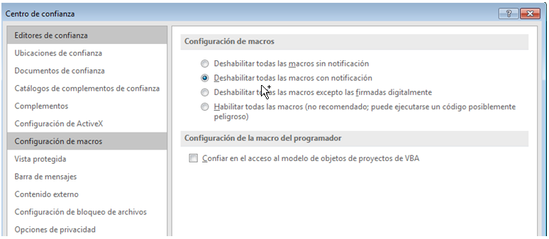Deshabilitar Macros con notificaciones
