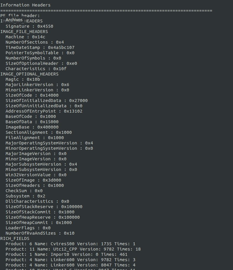 Informacion de cabeceras Malware script Rafa