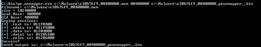 La forma de ejecutar la utilidad es pe_unmapper.exe