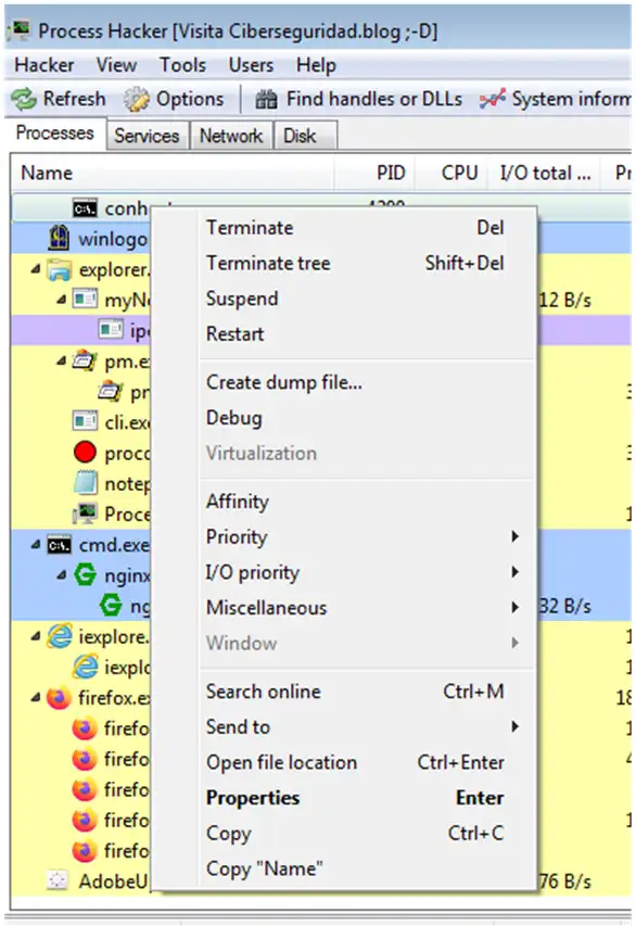 Opciones de Process Explorer