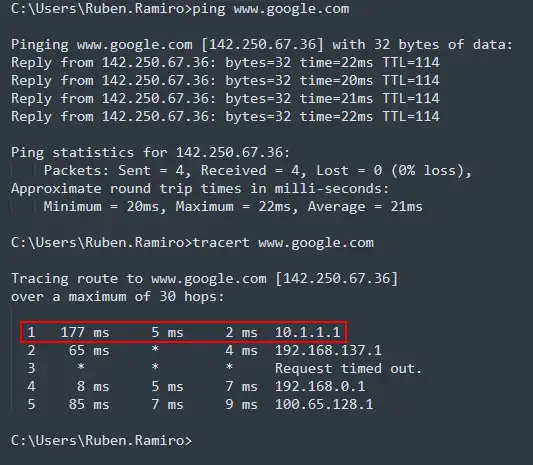 Salida a Internet por el Fortigare Tracert