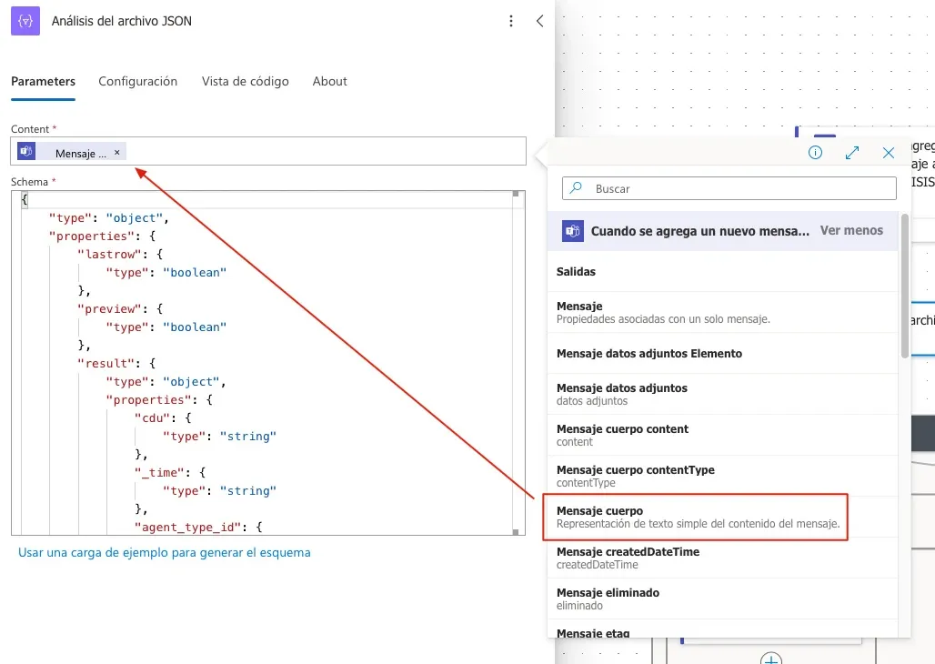 Obtención del cuerpo mensaje en el Análisis del archivo JSON